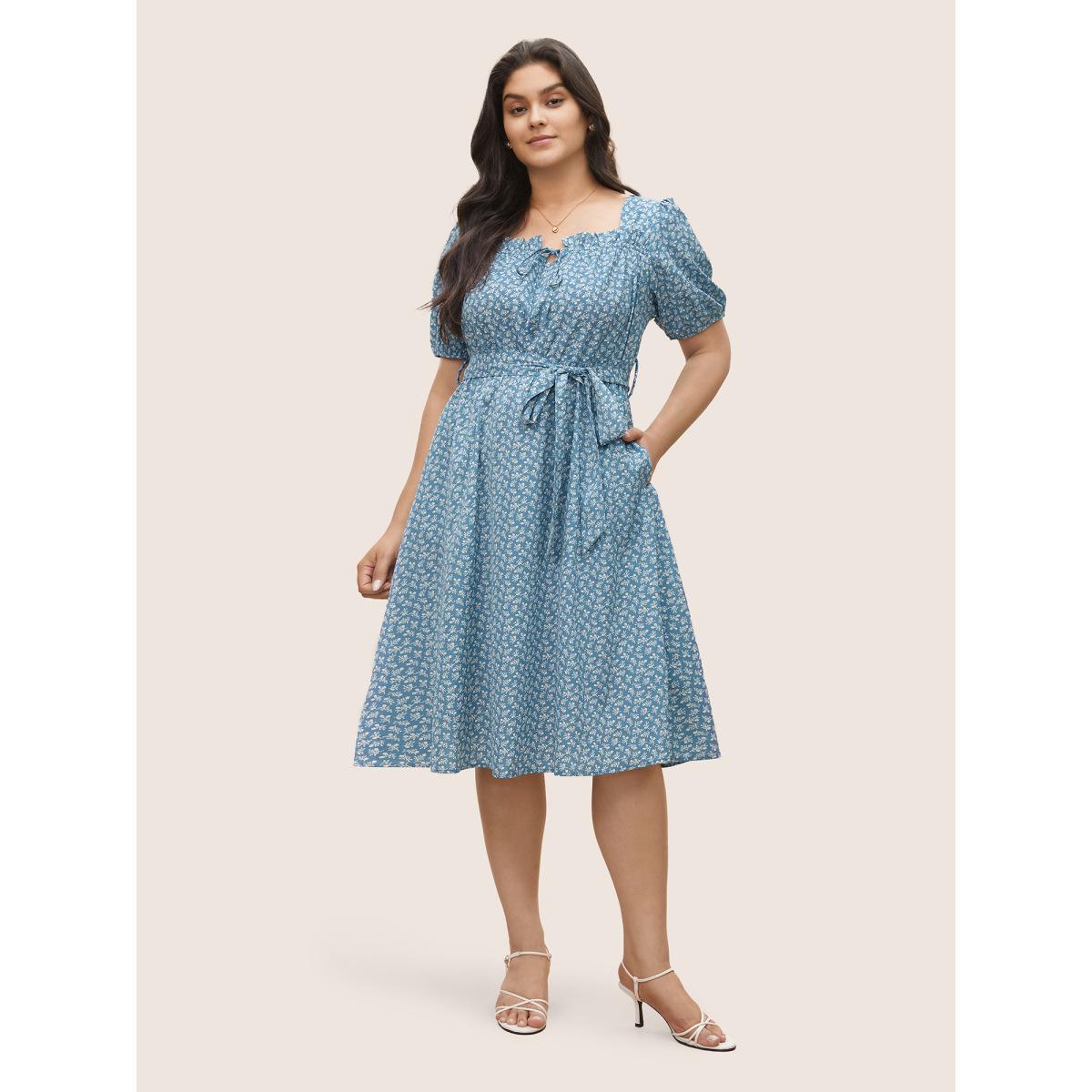 Plus Size Ditsy Floral Tie Neck Frill Trim Belted Dress Cerulean Women Elegant Non V-neck Short sleeve Curvy Midi Dress BloomChic 22-24/3X Product Image