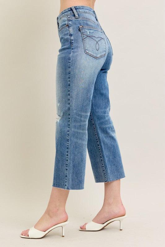 Judy Blue High Waist  Raw Cut Hem Crop Jeans Capris Product Image