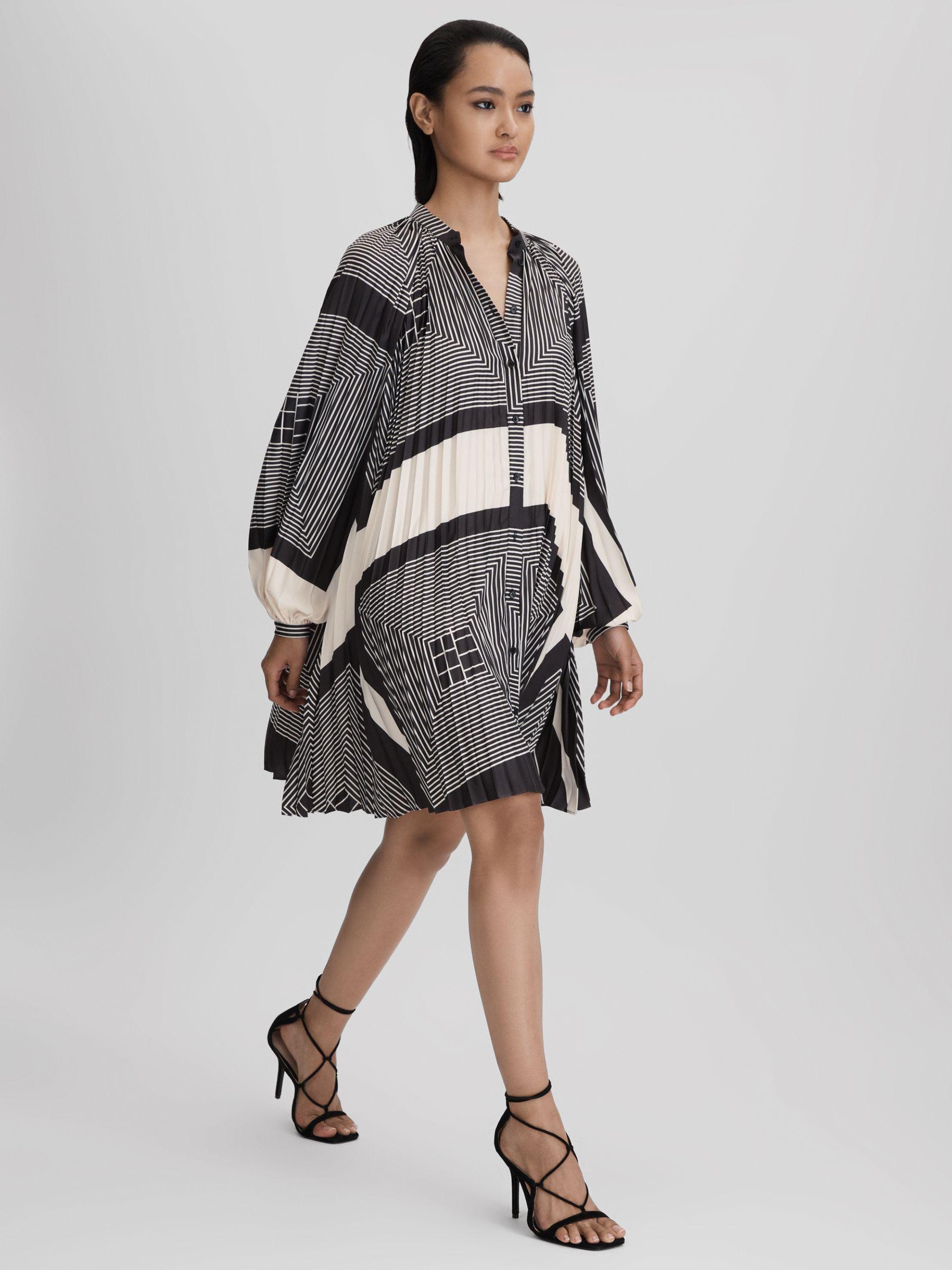 Printed Pleated Mini Dress in Black/White Product Image