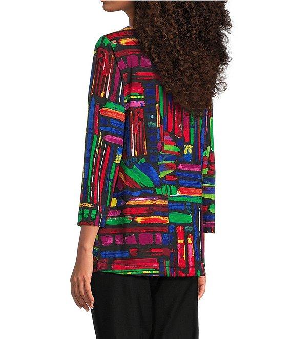 Ali Miles Knit Brushstroke Print Round Neck 3/4 Sleeve Top Product Image