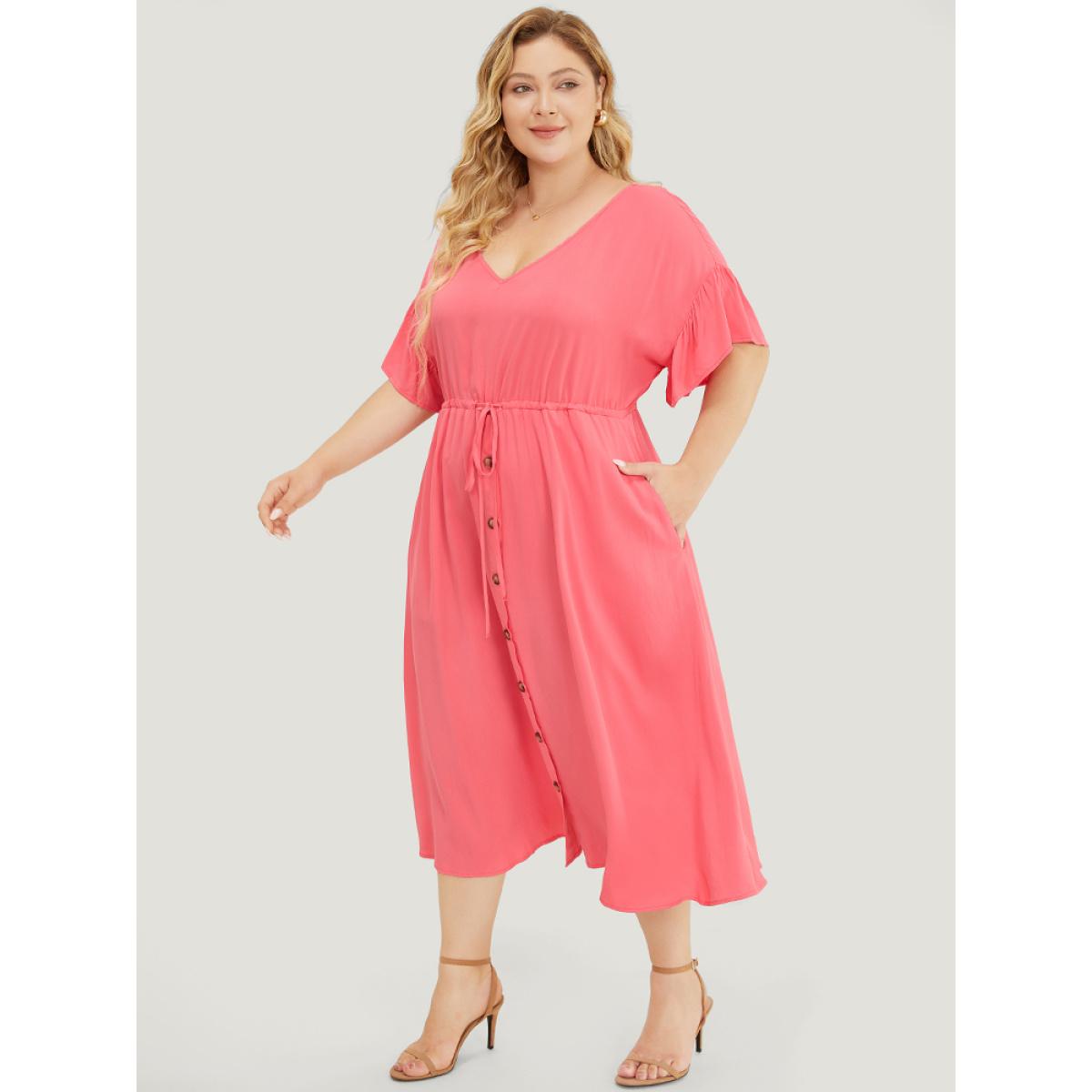 Plus Size Solid Flutter Sleeve Button Detail Pocket Drawstring Dress Watermelon Women Vacation Drawstring V-neck Short sleeve Curvy Midi Dress BloomChic 18-20/2X Product Image