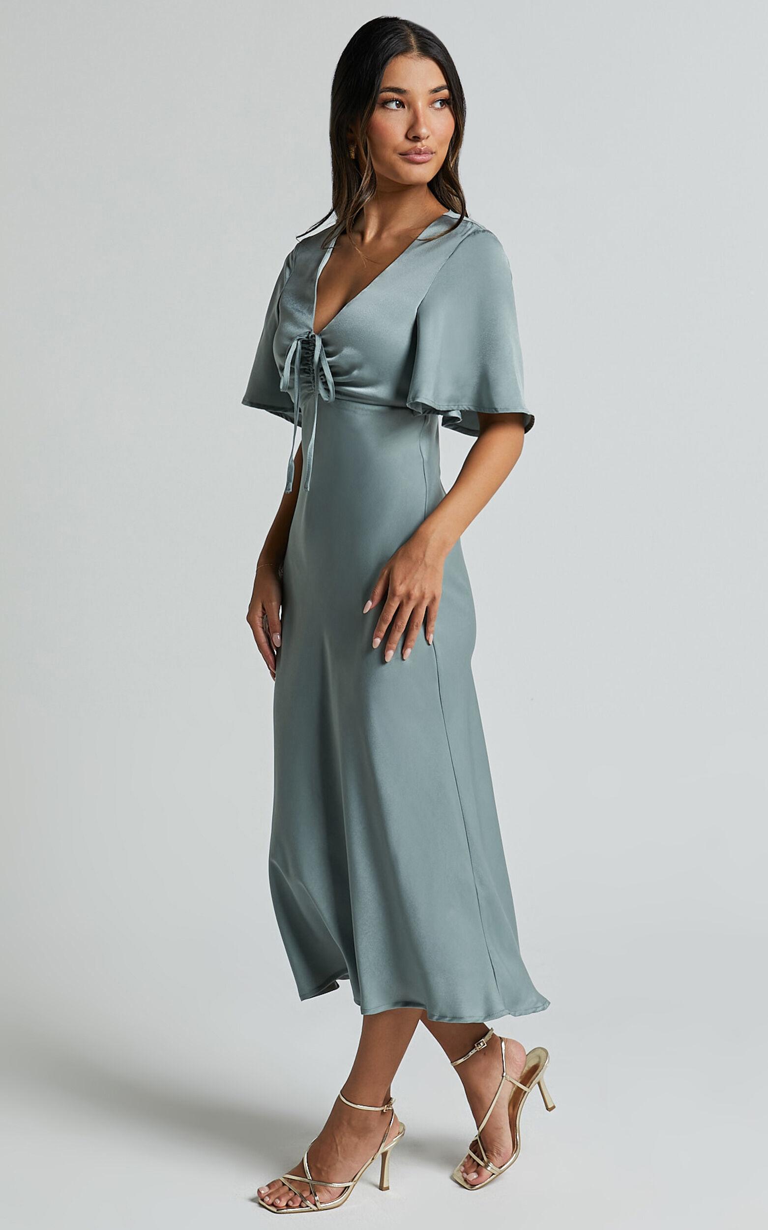 Nicholla Midi Dress - Ruched Front Angel Sleeve Slip Dress in Sage Product Image