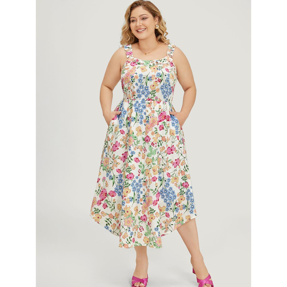 Plus Size Floral Arc Hem Pocket Square Neck Ruffle Trim Cami Dress Multicolor Women Elegant Arc Hem Square Neck Sleeveless Curvy Midi Dress BloomChic 18-20/2X Product Image