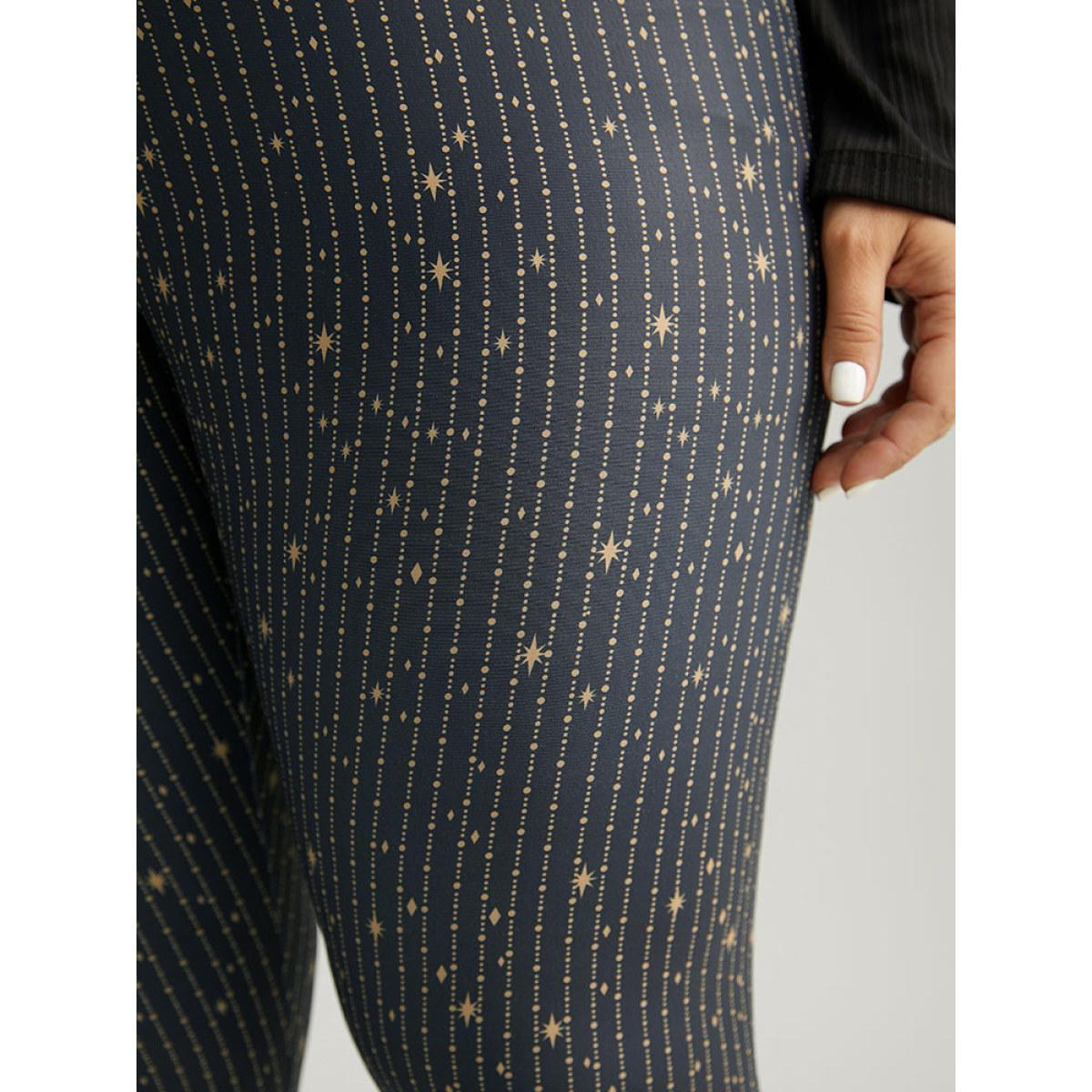 Plus Size Striped & Star Print Elastic Waist Leggings Women Black Elegant High stretch Skinny High Rise Festival-Christmas Leggings BloomChic 26/4X Product Image