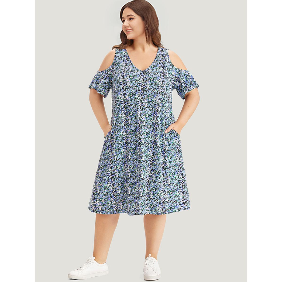 Plus Size Ditsy Floral Pocket Cold Shoulder Dress Blue Women Casual Cut-Out V-neck Short sleeve Curvy Midi Dress BloomChic 26/4X Product Image