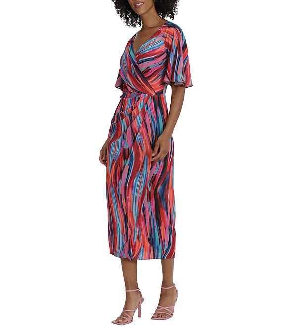 Maggy London Printed Surplice V-Neck Short Sleeve Faux Wrap Midi Dress Product Image