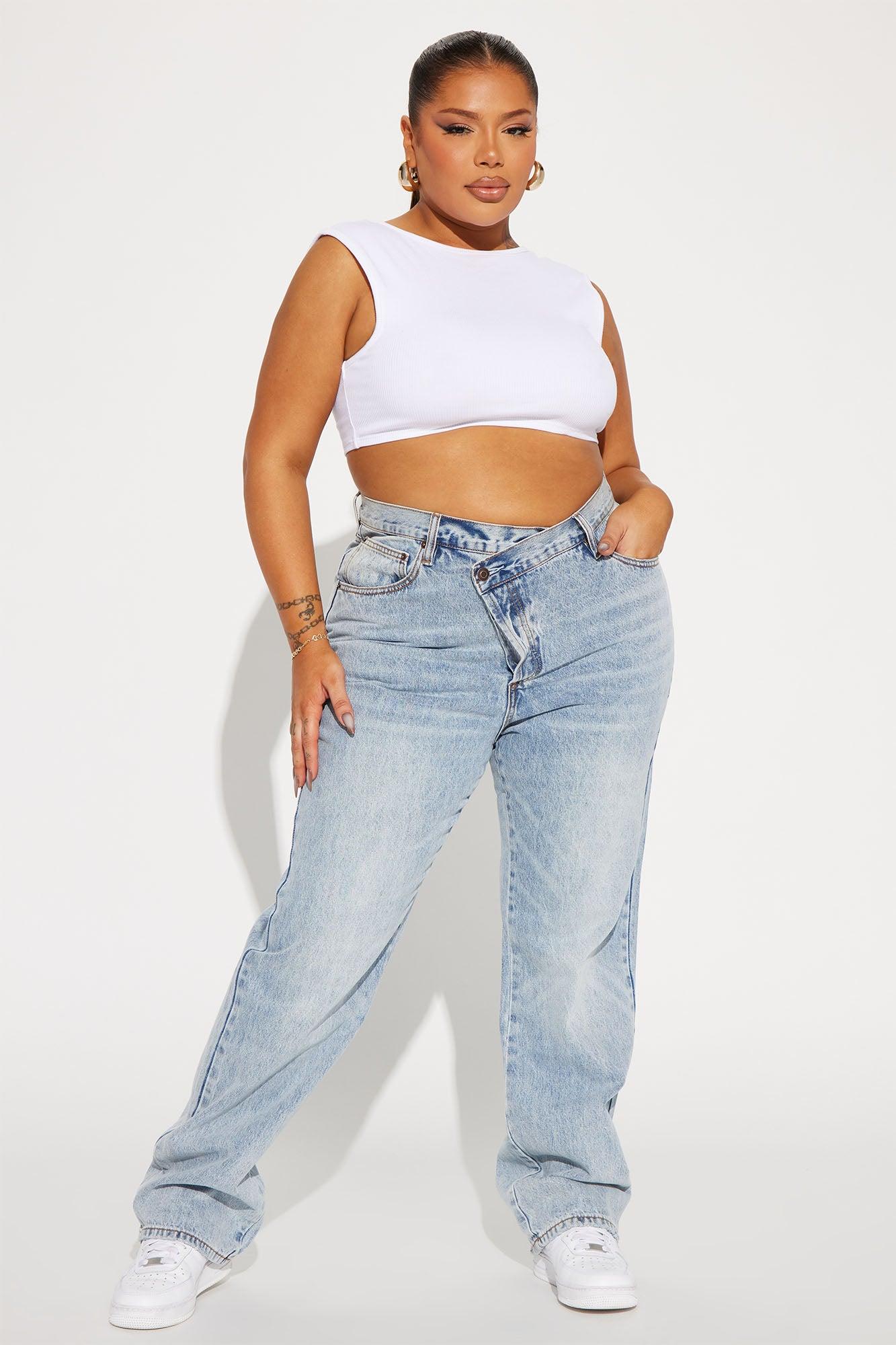 Step Waistband Crossover Jeans - Light Blue Wash Product Image