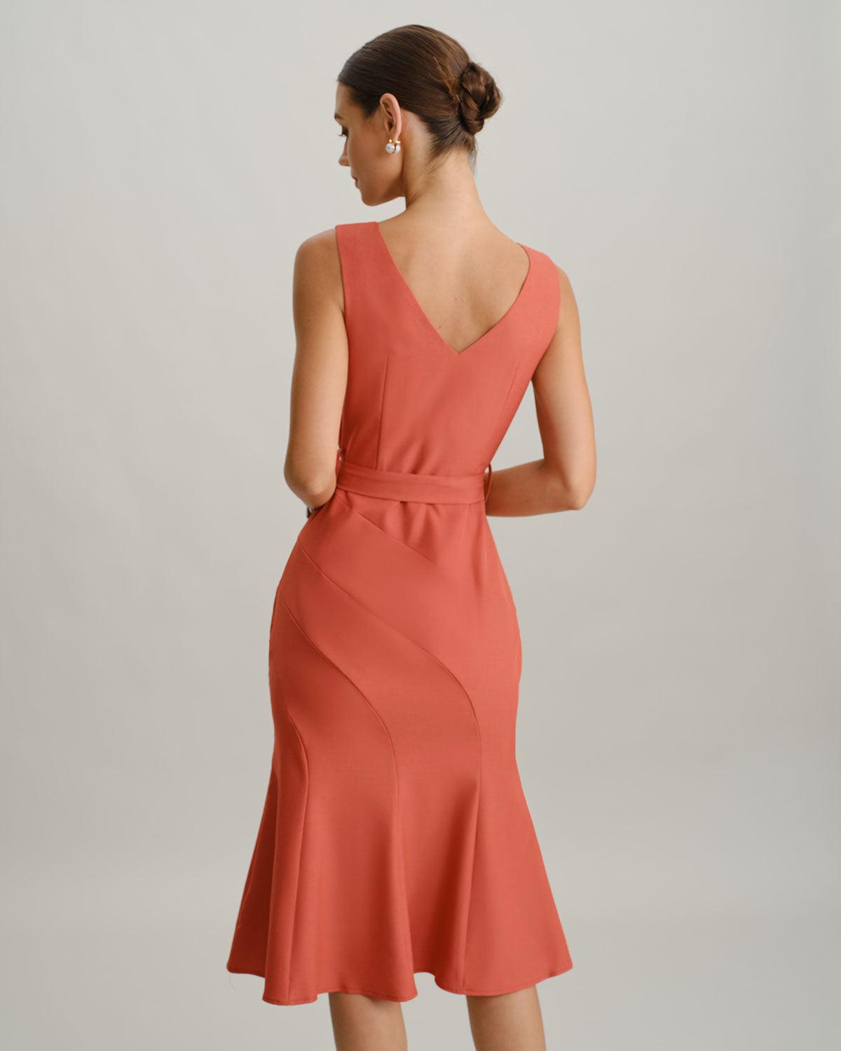 Red V Neck Mermaid Sleeveless Midi Dress Product Image