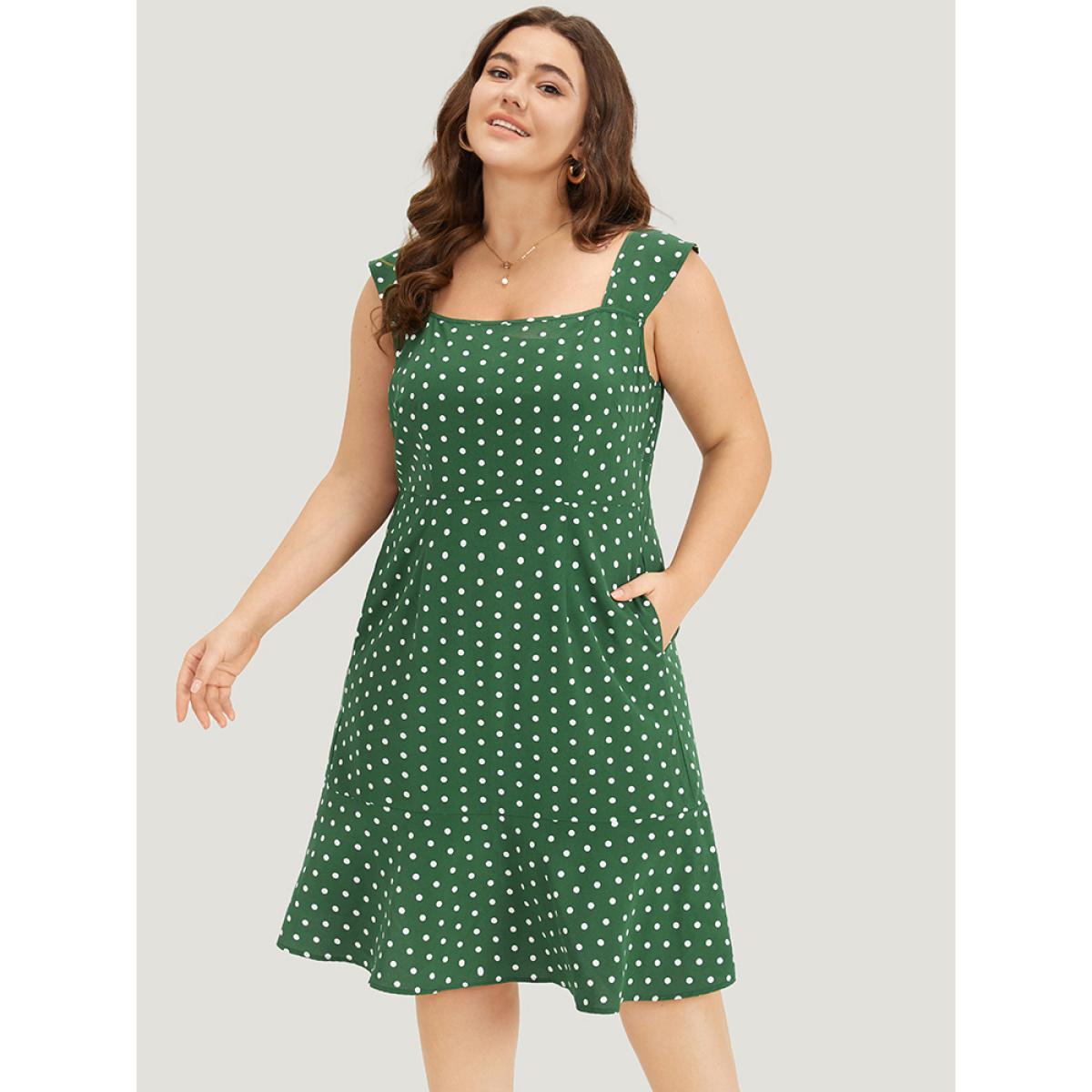 Plus Size Polka Dot Ruffle Hem Pocket Square Neck Sleeveless Dress Green Women Elegant Pocket Square Neck Sleeveless Curvy Knee Dress BloomChic 18-20/2X Product Image