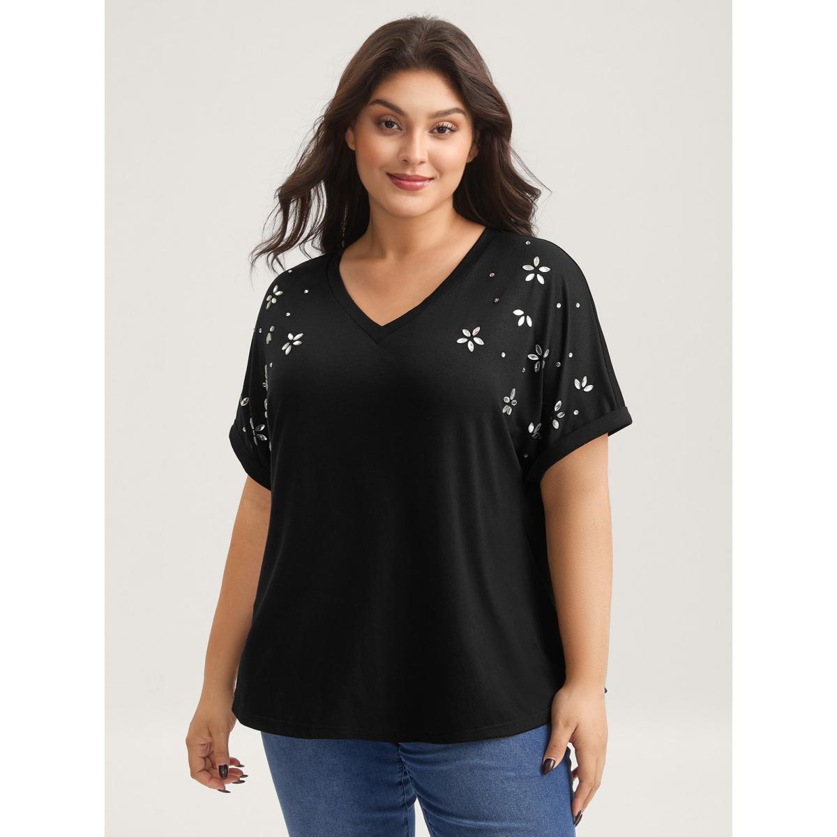 Plus Size Supersoft Stretchy Zirconia Design T-Shirt Black Women Leisure Rhinestone detailing V-neck Casual T-shirts BloomChic 18-20/2X Product Image