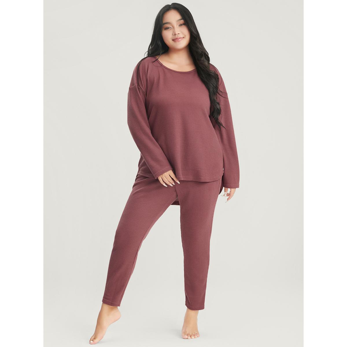 Plus Size Solid Asymmetrical Hem Waffle Knit Pajama Set Women Russet Plain Elastic Waist Long Sleeve Round Neck Casual Loungewear Sets BloomChic 14-16/1X Product Image