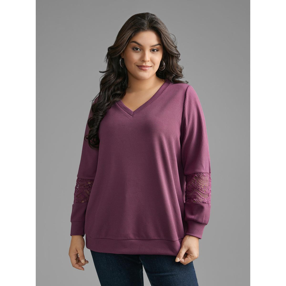 Plus Size V Neck Textured Lace Patchwork Sweatshirt Women Deeppurplered Casual Texture V-neck Everyday Sweatshirts BloomChic 14-16/1X Product Image