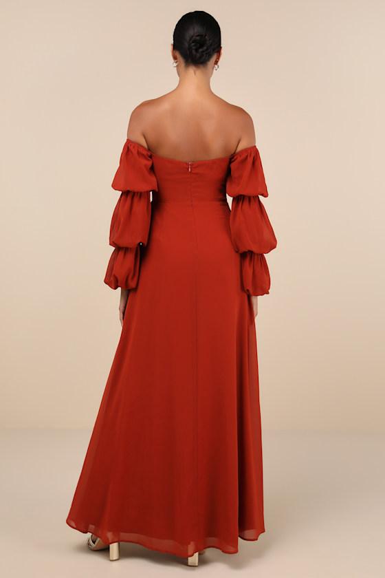 Demure Aura Rust Tiered Balloon Sleeve Off-the-Shoulder Dress Product Image