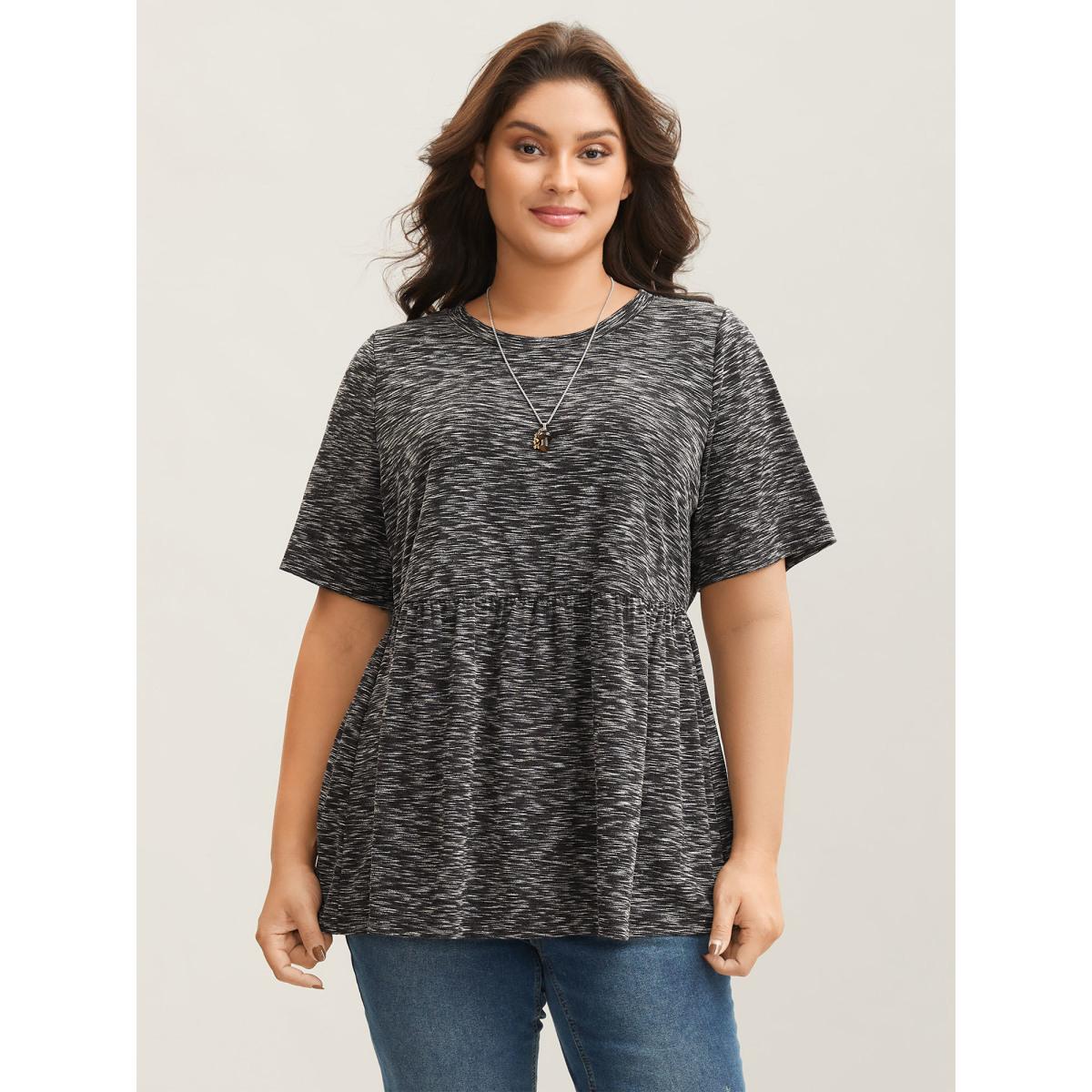 Plus Size Heathered Crew Neck Relaxed T-Shirt Black Women Leisure Gathered Round Neck Casual T-shirts BloomChic 26/4X Product Image