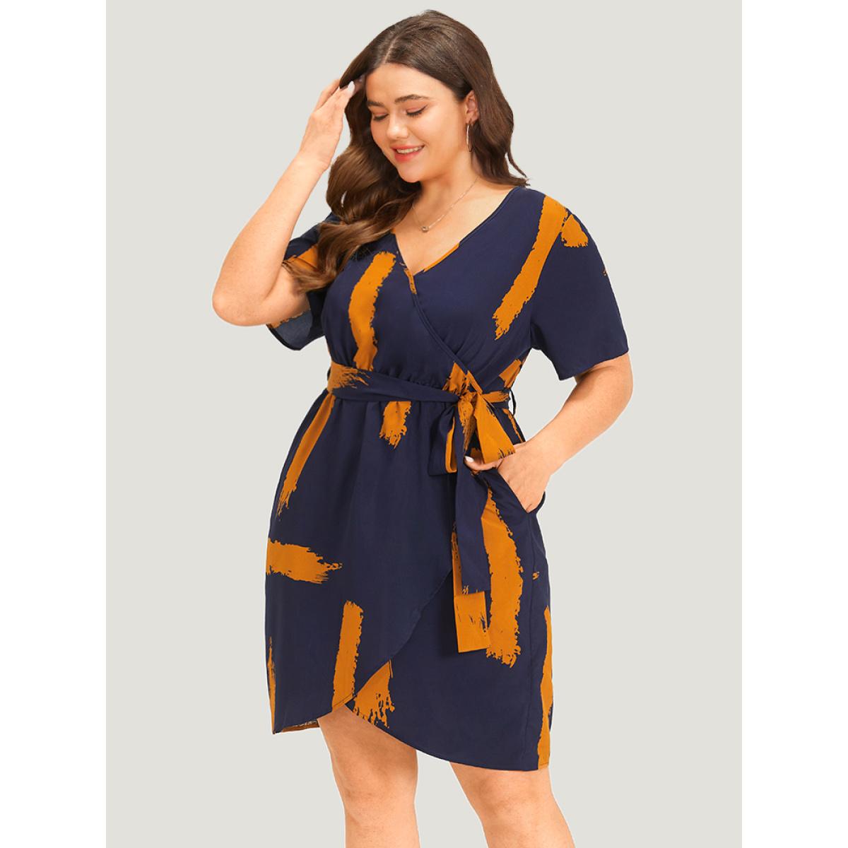 Plus Size Brush Print V Neck Pocket Wrap Hem Belted Dress DarkBlue Women Elegant Wrap V-neck Short sleeve Curvy Short Dress BloomChic 14-16/1X Product Image