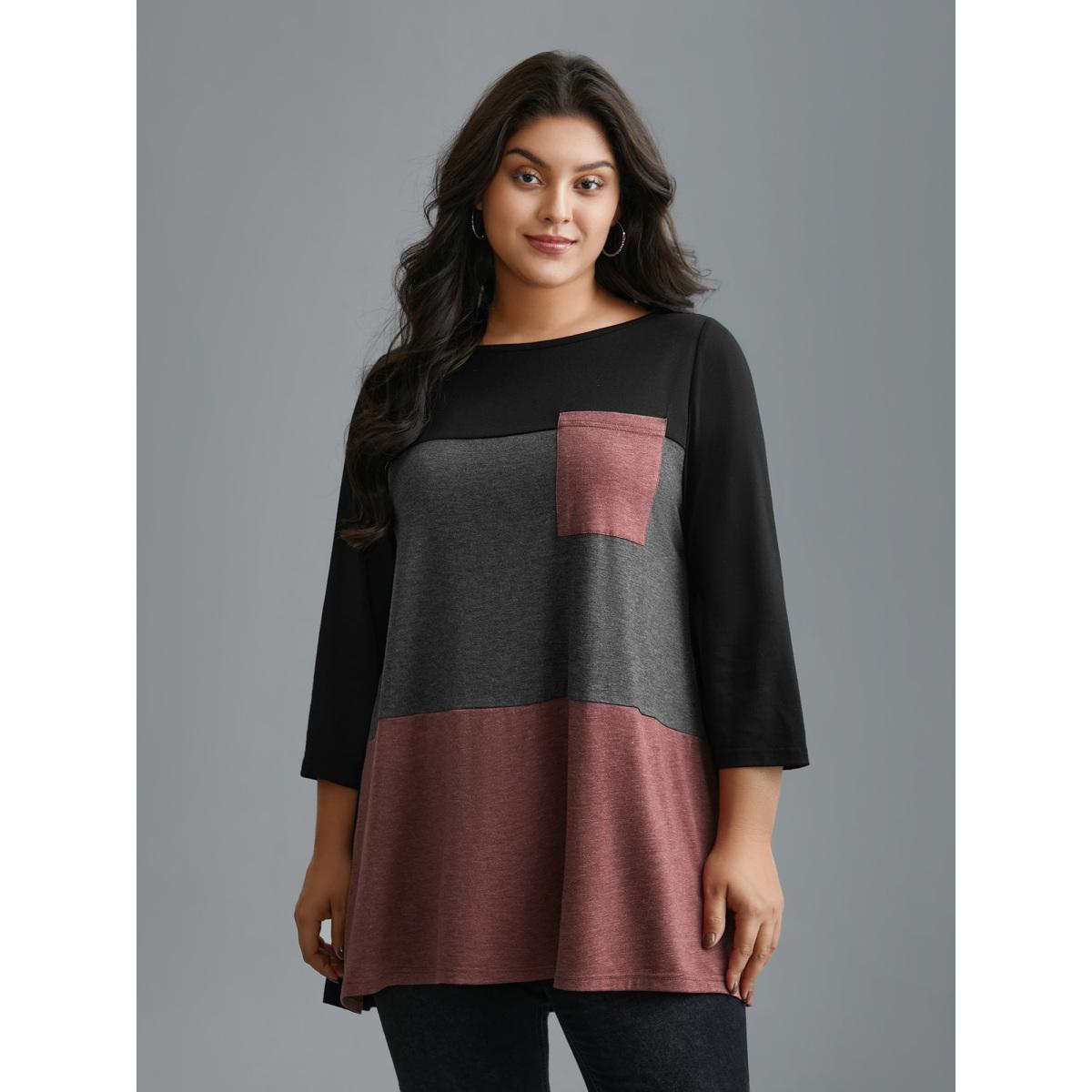 Plus Size Color Block Chest Pocket Round Neck T-Shirt Multicolor Women Casual Contrast Boat Neck Loose Everyday T-shirts BloomChic 18-20/2X Product Image