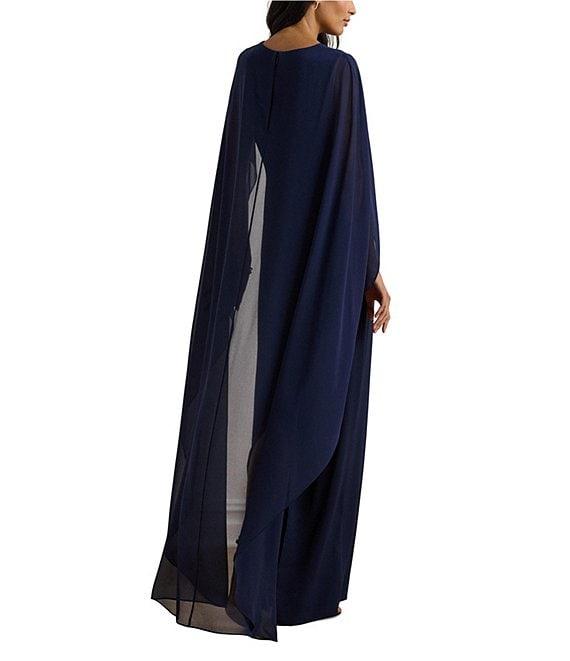 Lauren Ralph Lauren Georgette Boat Neck Sleeveless Overlay Cap Column Gown Product Image