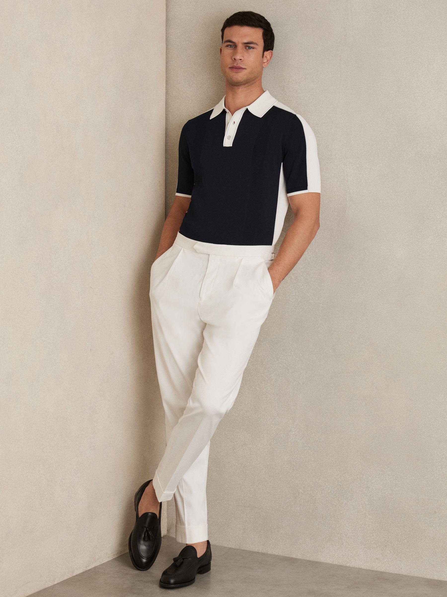 Colour-Block Knit Polo Shirt in Navy/White Product Image