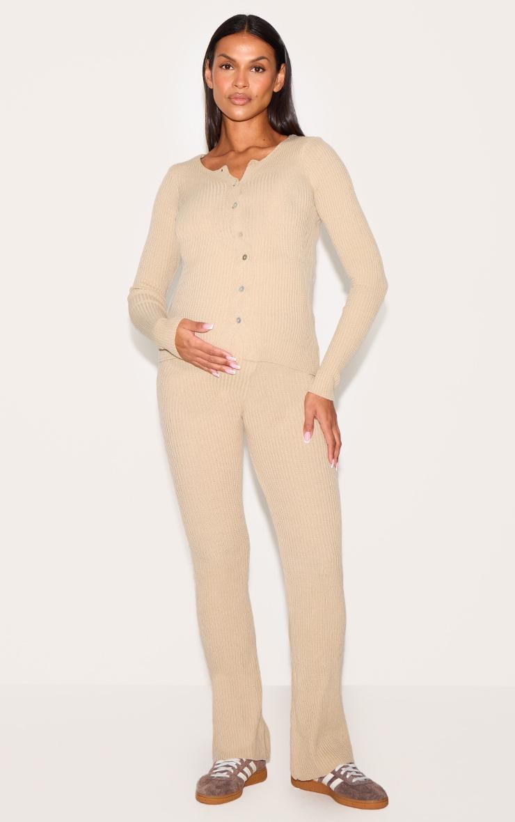 Maternity Oatmeal Button Up Long Sleeve Rib Knit Top Product Image