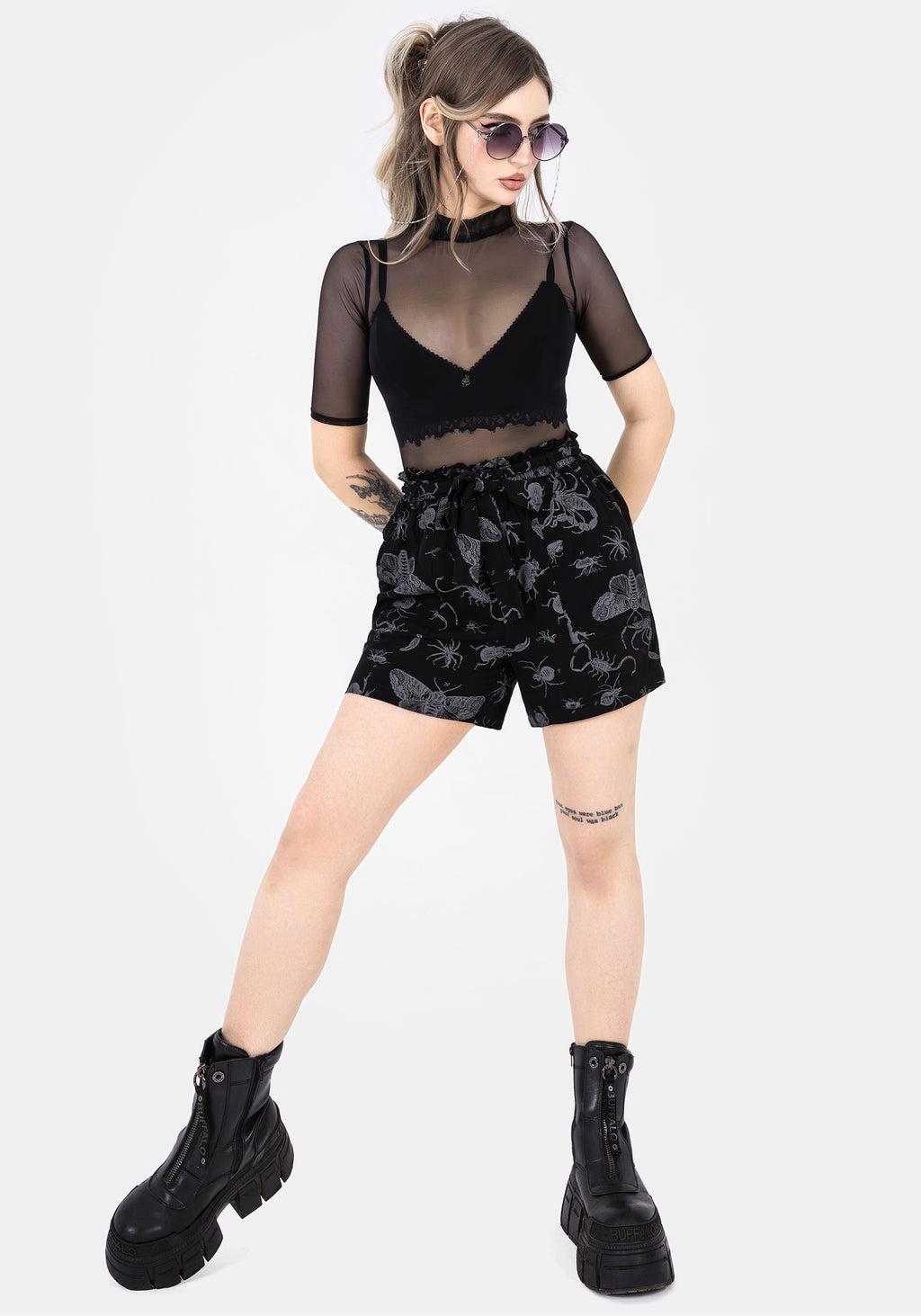 Parasite Bugs Tie Waist Paperbag Shorts - Black Product Image