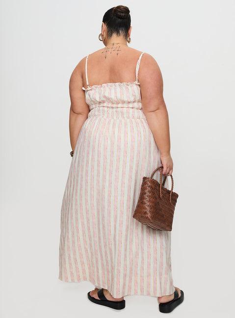 Persephone Shirring Linen Maxi Dress Pink Stripe Curve Product Image