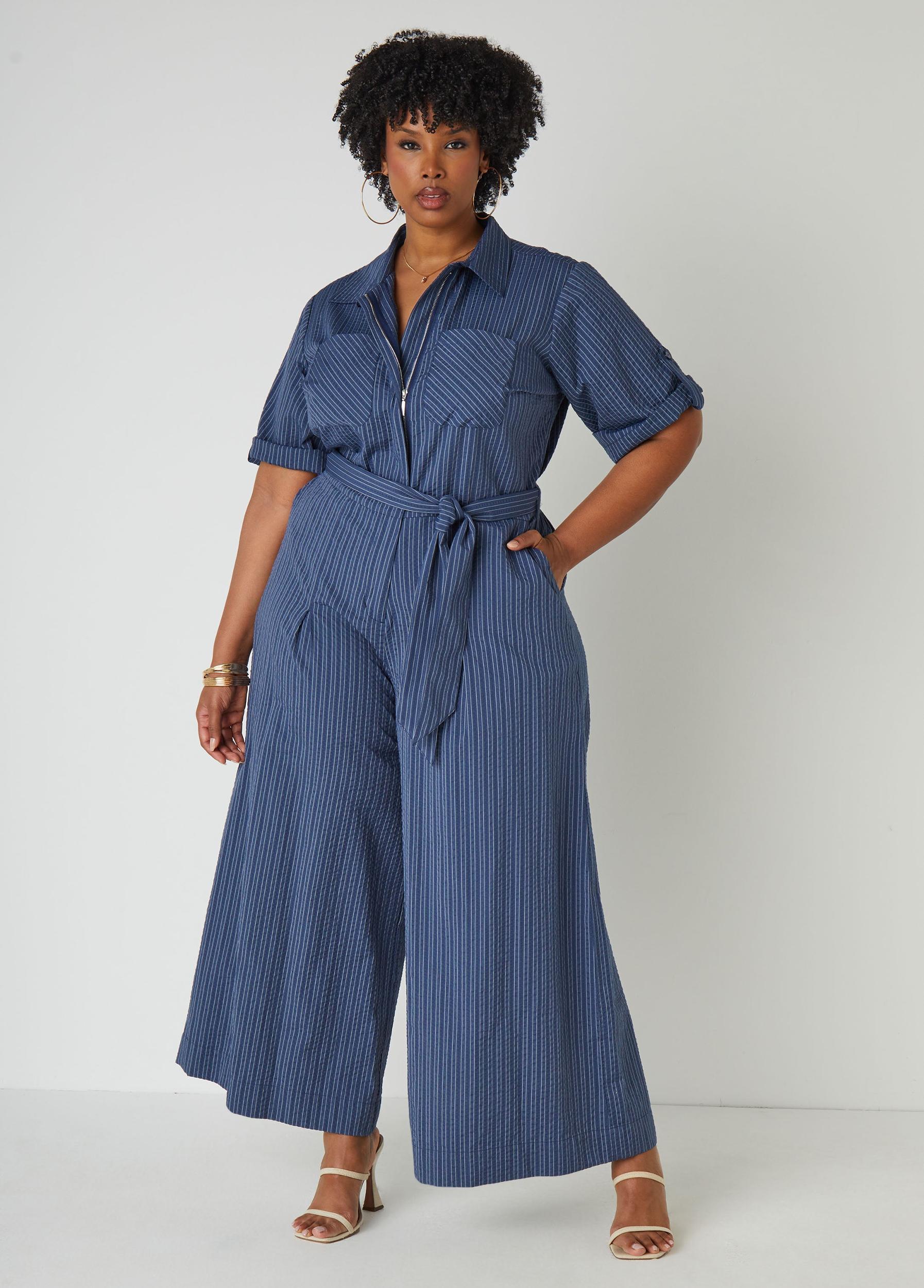 Striped Chambray Wide Leg Jumpsuit Product Image