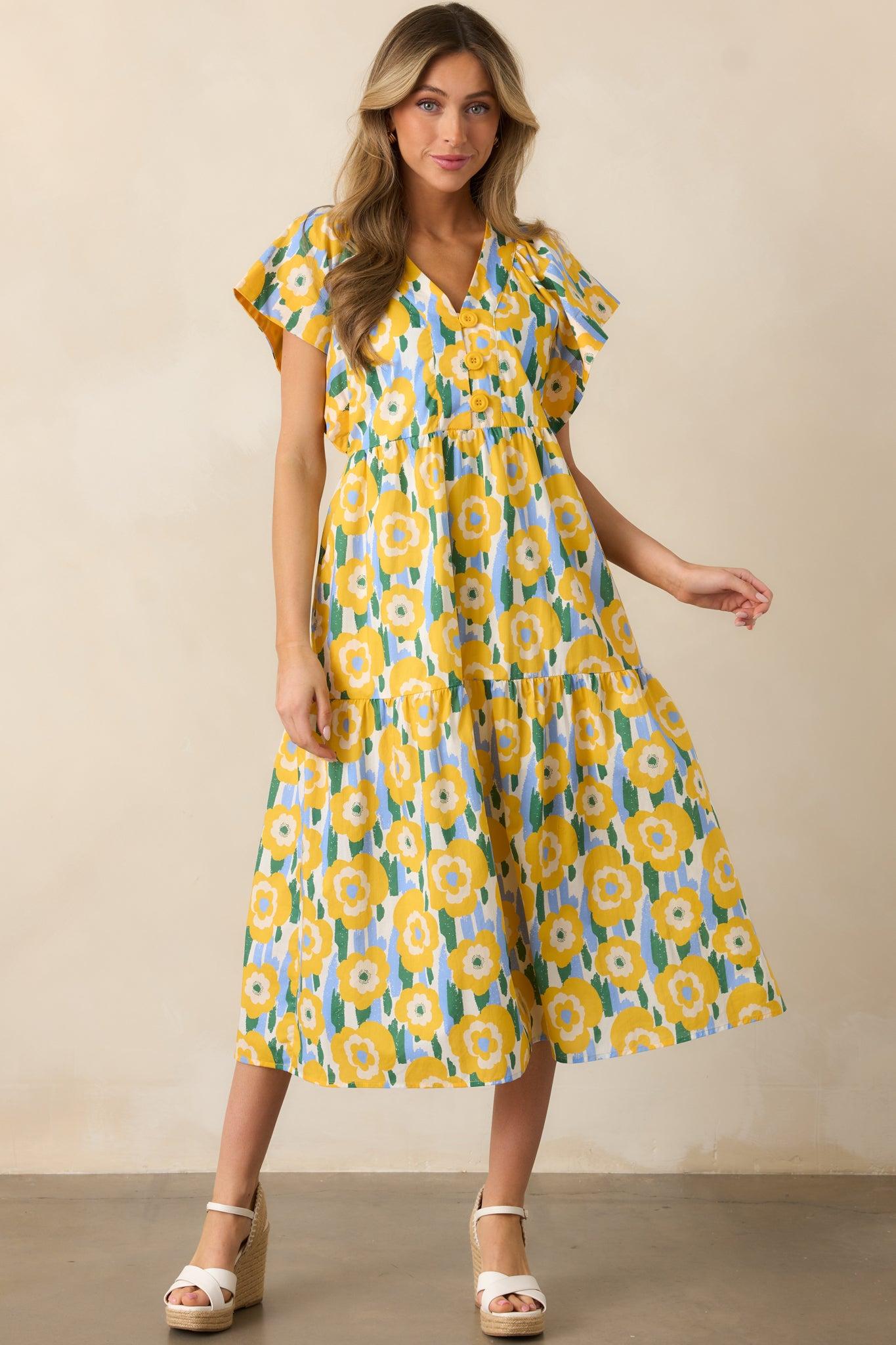 Daisy Date Night Yellow Floral Cotton Midi Dress Product Image