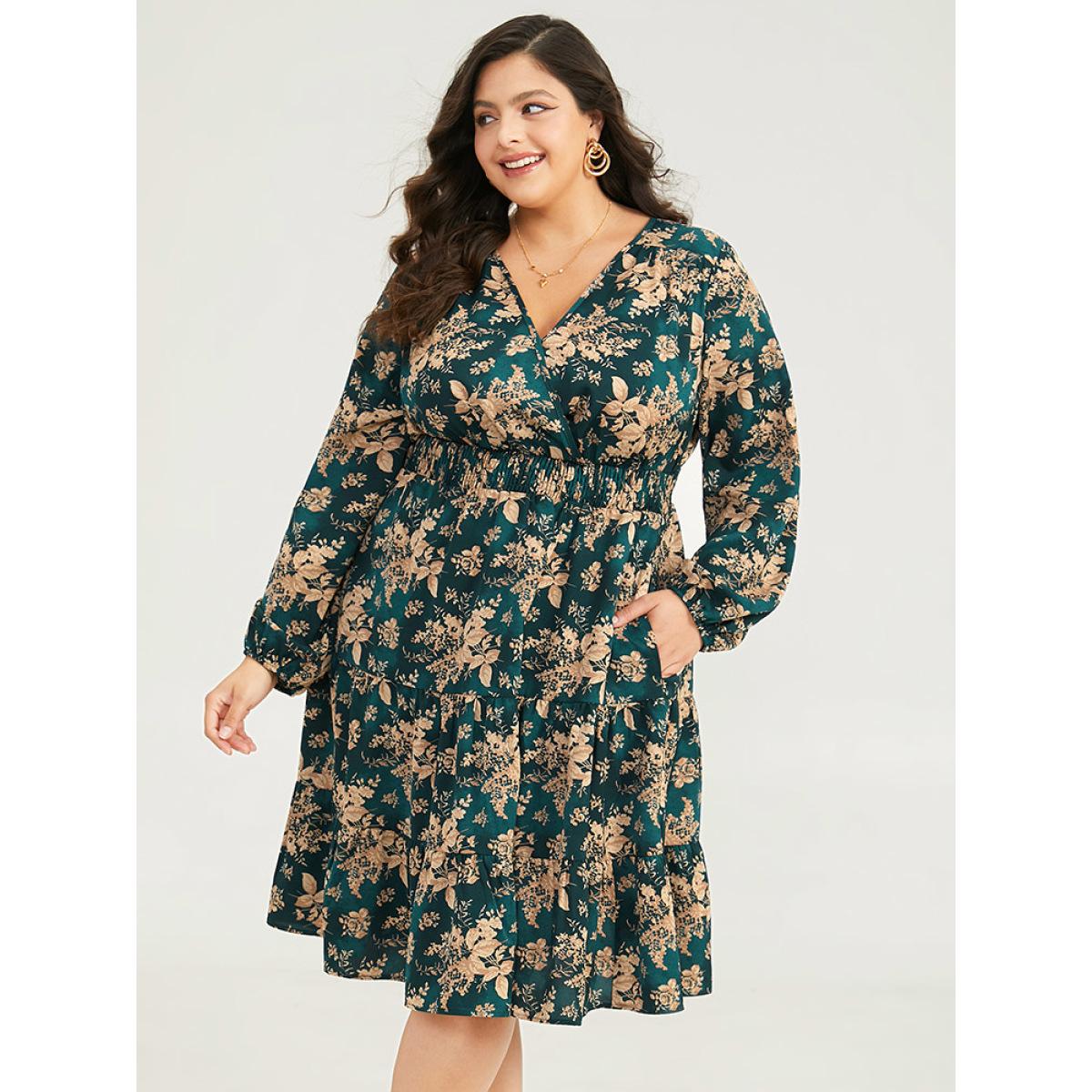 Plus Size Silhouette Floral Print Surplice Neck Shirred Dress Cyan Women Elegant Elastic cuffs V-neck Long Sleeve Curvy Midi Dress BloomChic 14-16/1X Product Image