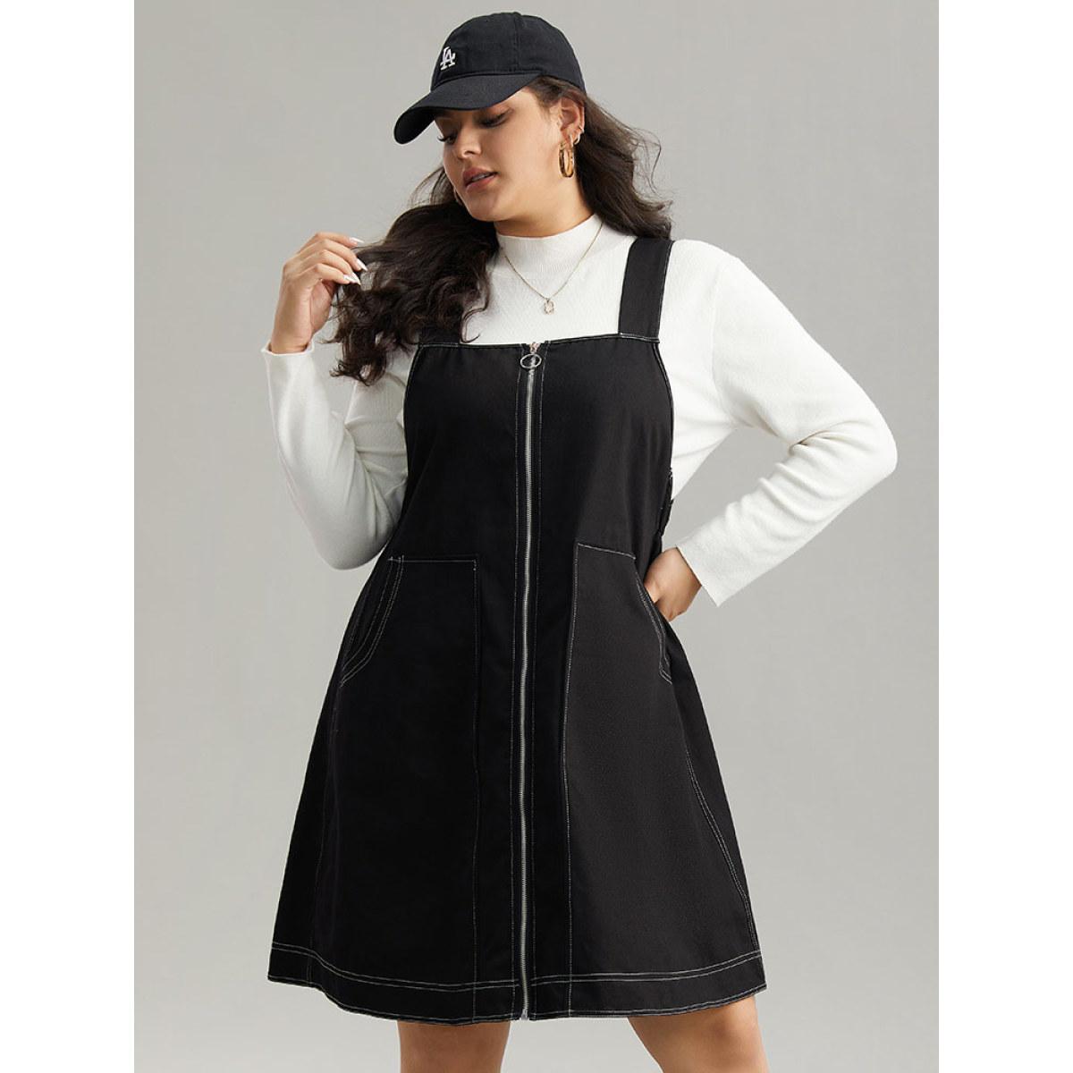 Plus Size Twill O Ring Zipper Pocket Spaghetti Strap Dress Black Women Casual Plain Spaghetti Strap Sleeveless Curvy Midi Dress BloomChic 10/M Product Image