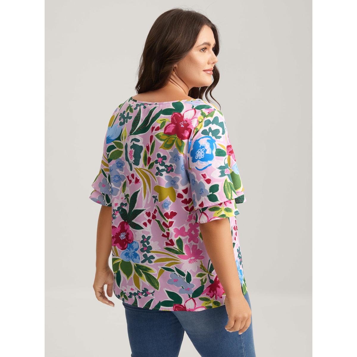 Plus Size Multicolor Sunkissed Floral Lotus Leaf Sleeve Blouse Women Playful Half Sleeve Round Neck Casual Blouses BloomChic 18-20/2X Product Image