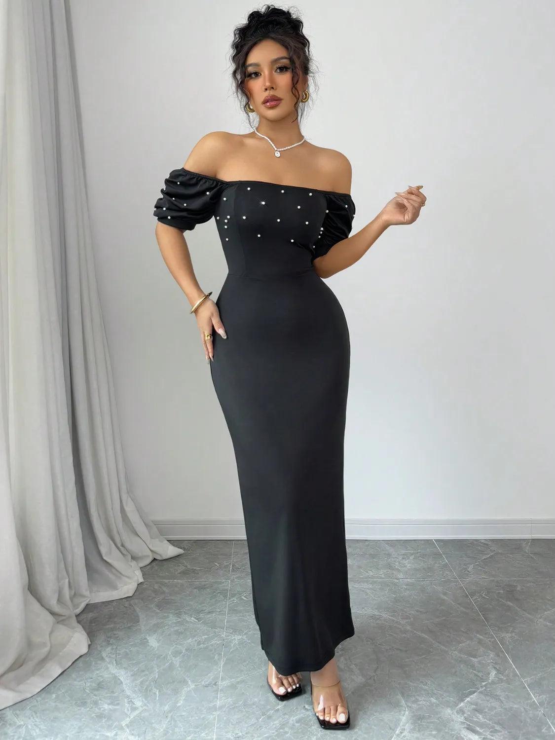 Off Shoulder Short Sleeve Maxi Dress Product Image