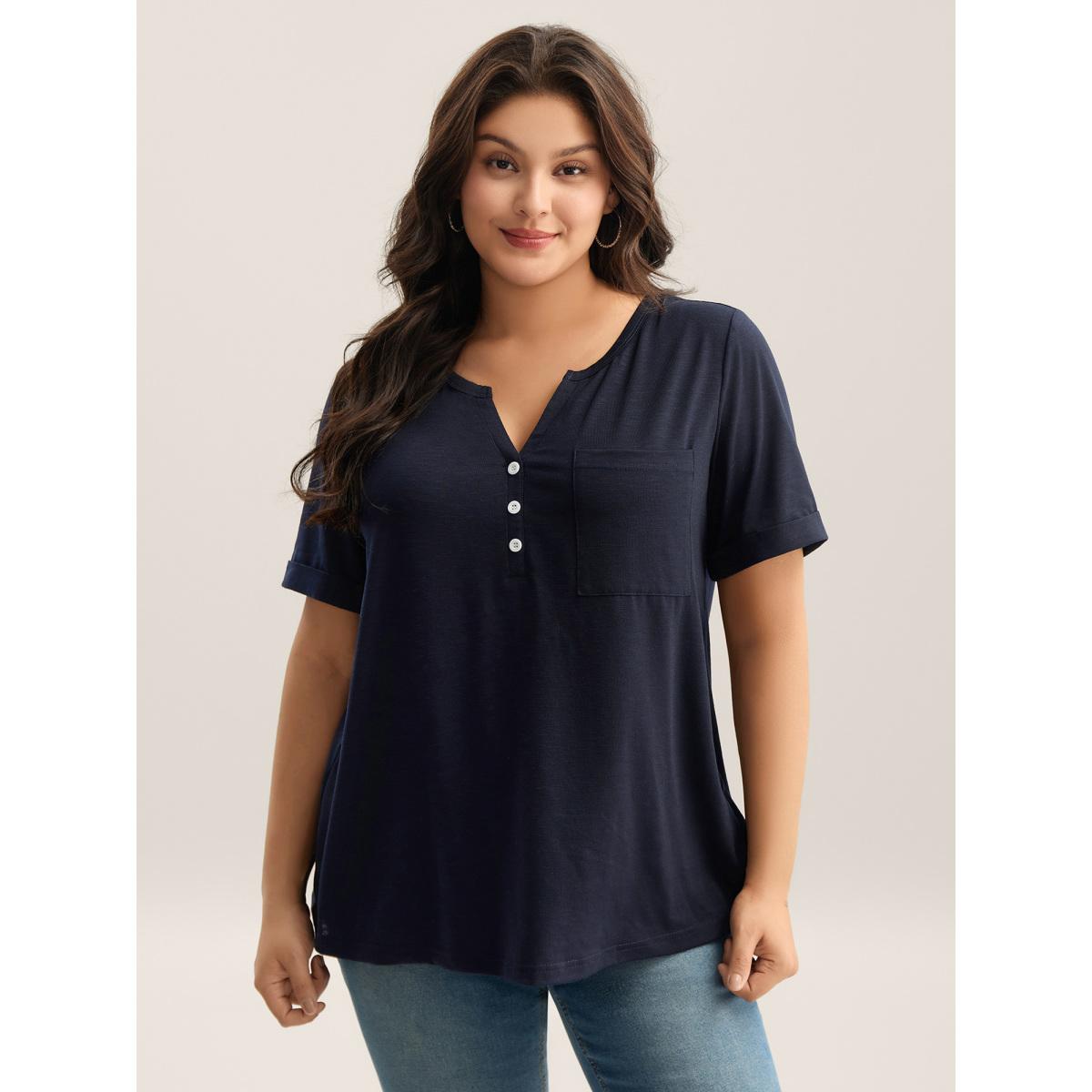 Plus Size Solid Split Neck Button Detail T-Shirt Indigo Women Leisure Button Notched collar Casual T-shirts BloomChic 14-16/1X Product Image