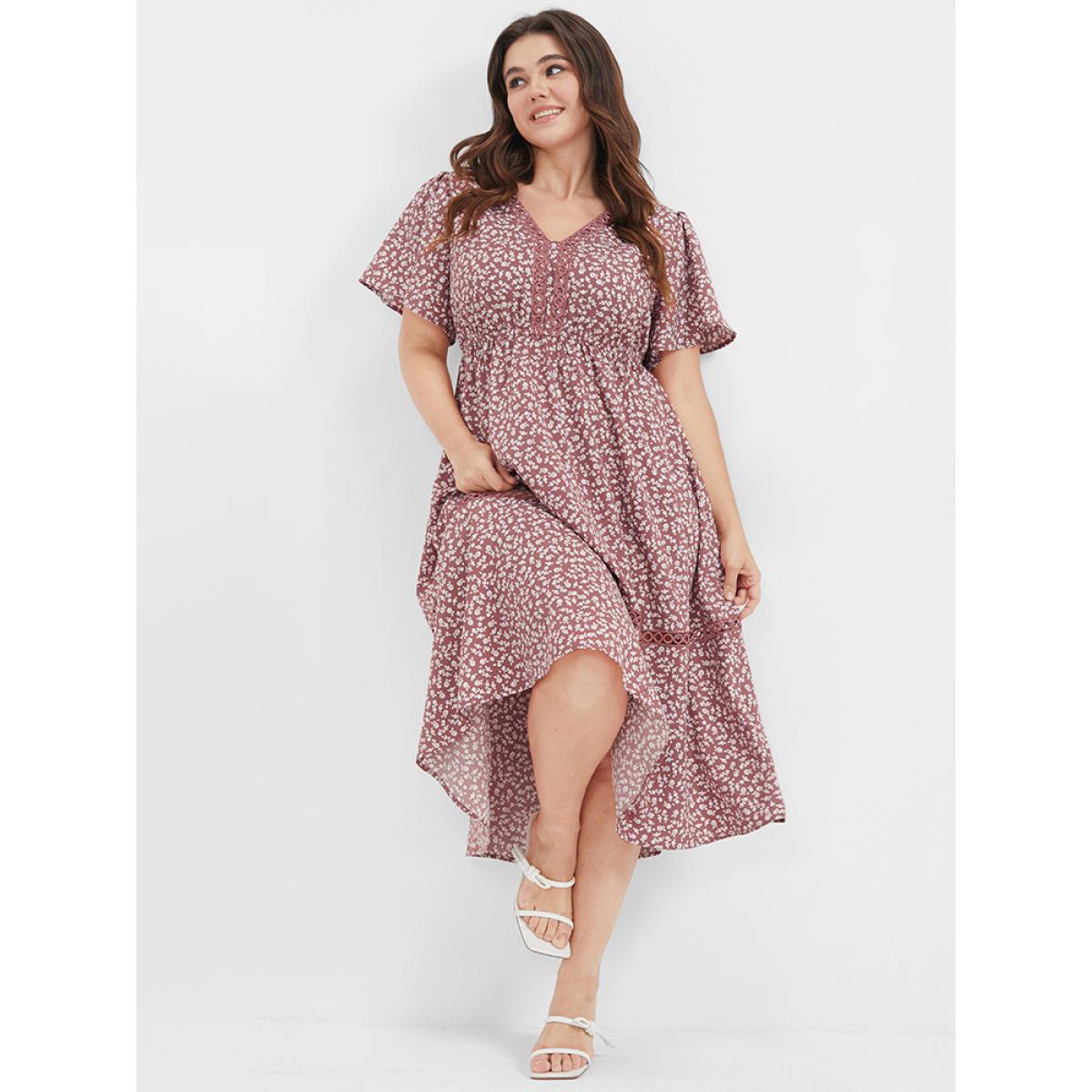 Plus Size Ditsy Floral Crochet Lace Ruffled Midi Dress Pink Women Elegant Patchwork V-neck Short sleeve Curvy Midi Dress BloomChic 10/M Product Image