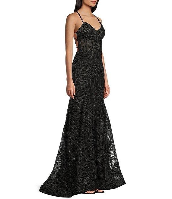 Blondie Nites Glitter Print V-Neck Double Spaghetti Strap Corset Tie Back Dress Product Image