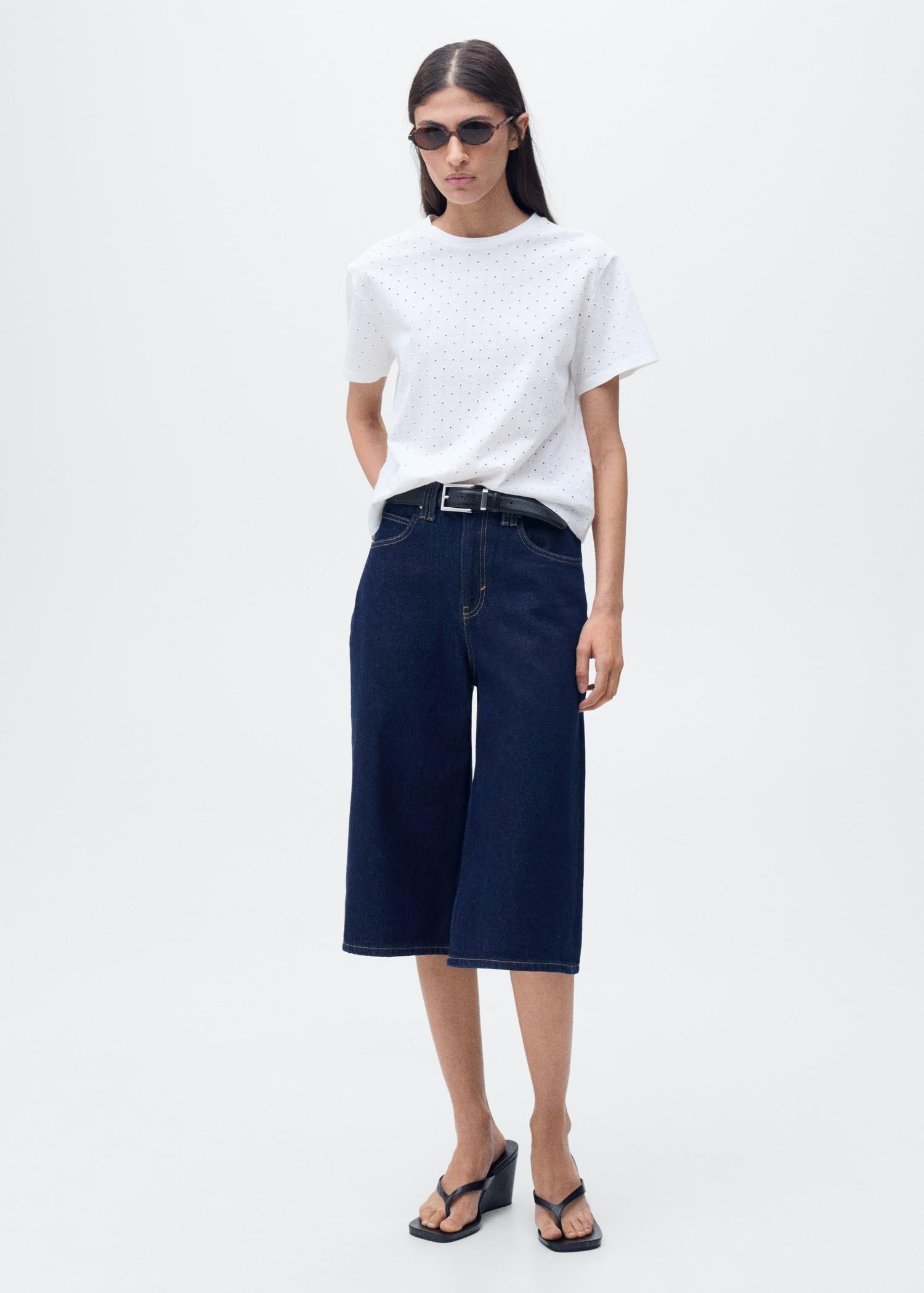 Embroidered openwork t-shirt - Women | MANGO USA Product Image