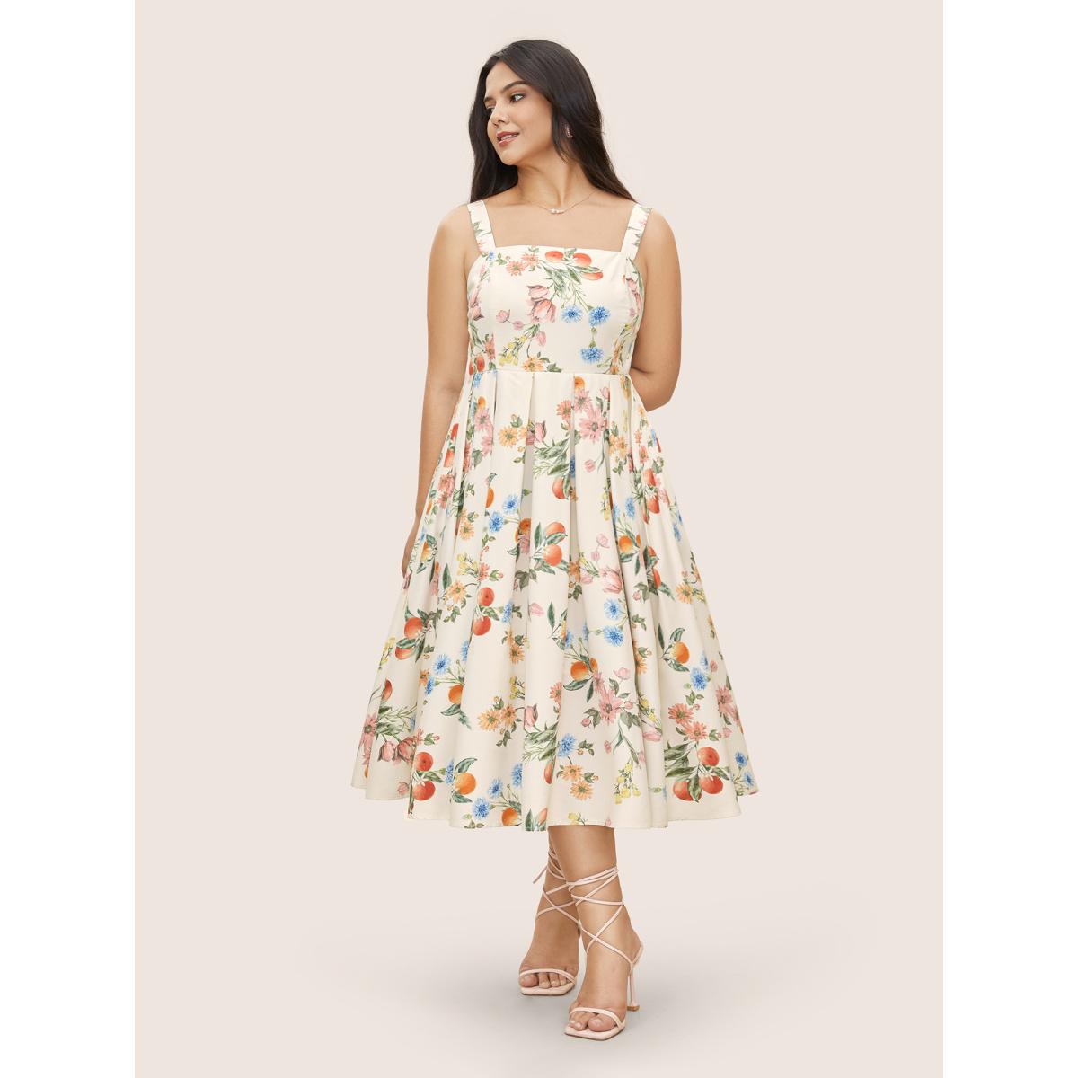 Plus Size Citrus Orange Print Plicated Detail Cami Dress Apricot Women Elegant Pleated Non Sleeveless Curvy BloomChic 18-20/2X Product Image