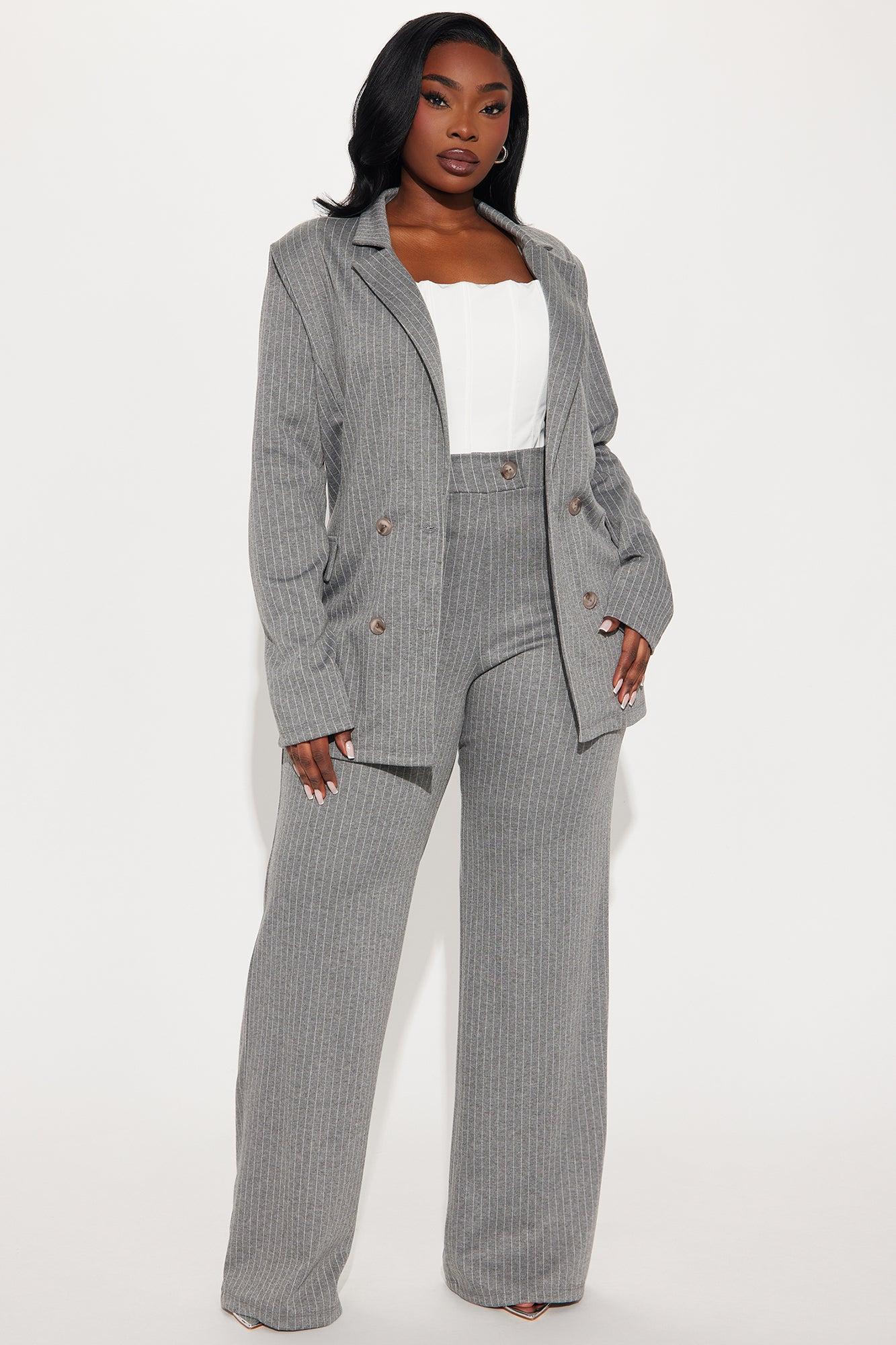 Work Wife Pinstripe Pant Set - Grey/White Product Image