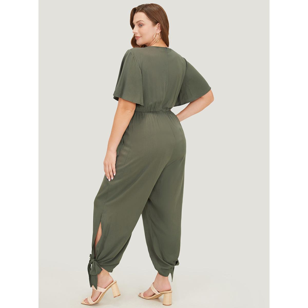 Plus Size ArmyGreen Plain Pocket Wrap Cut Out Knotted Hem Jumpsuit Women Office Short sleeve V-neck Work Loose Jumpsuits BloomChic 26/4X Product Image