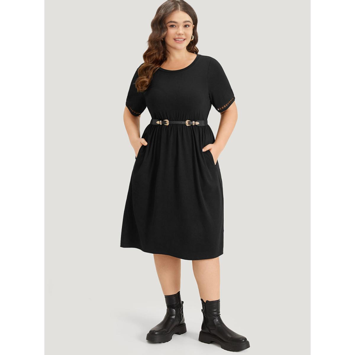 Plus Size Plain Crew Neck Pocket Hollow Out Ruffle Hem Dress Black Women Casual Patchwork Round Neck Short sleeve Curvy Midi Dress BloomChic 22-24/3X Product Image
