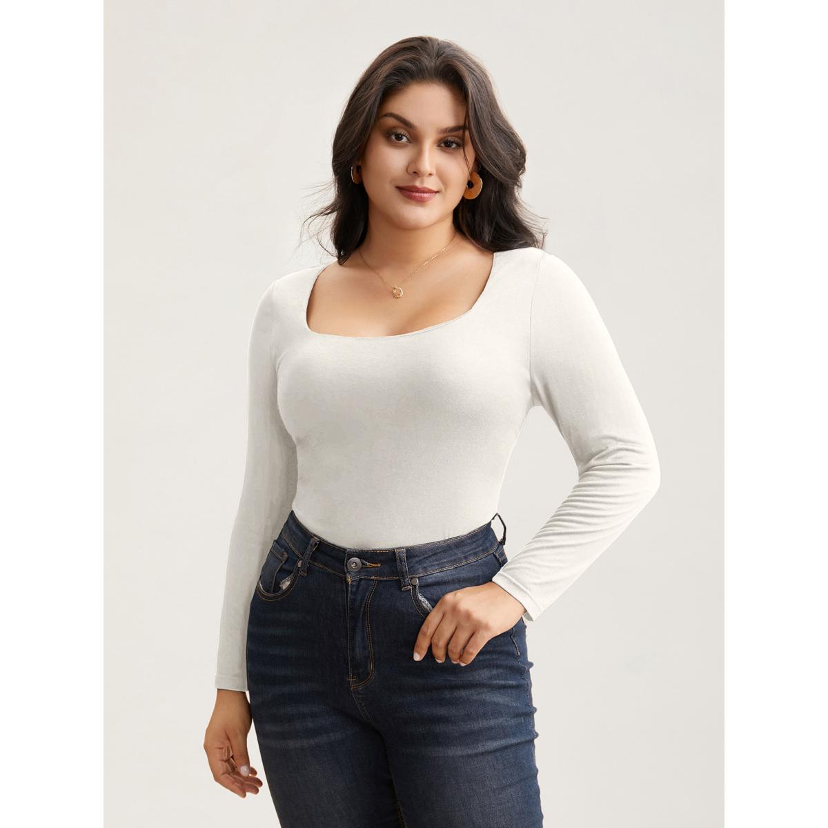 Plus Size Supersoft Essentials Solid U Neck T-shirt WhiteSmoke Women Elegant Non U-neck Skinny Everyday T-shirts BloomChic 18-20/2X Product Image