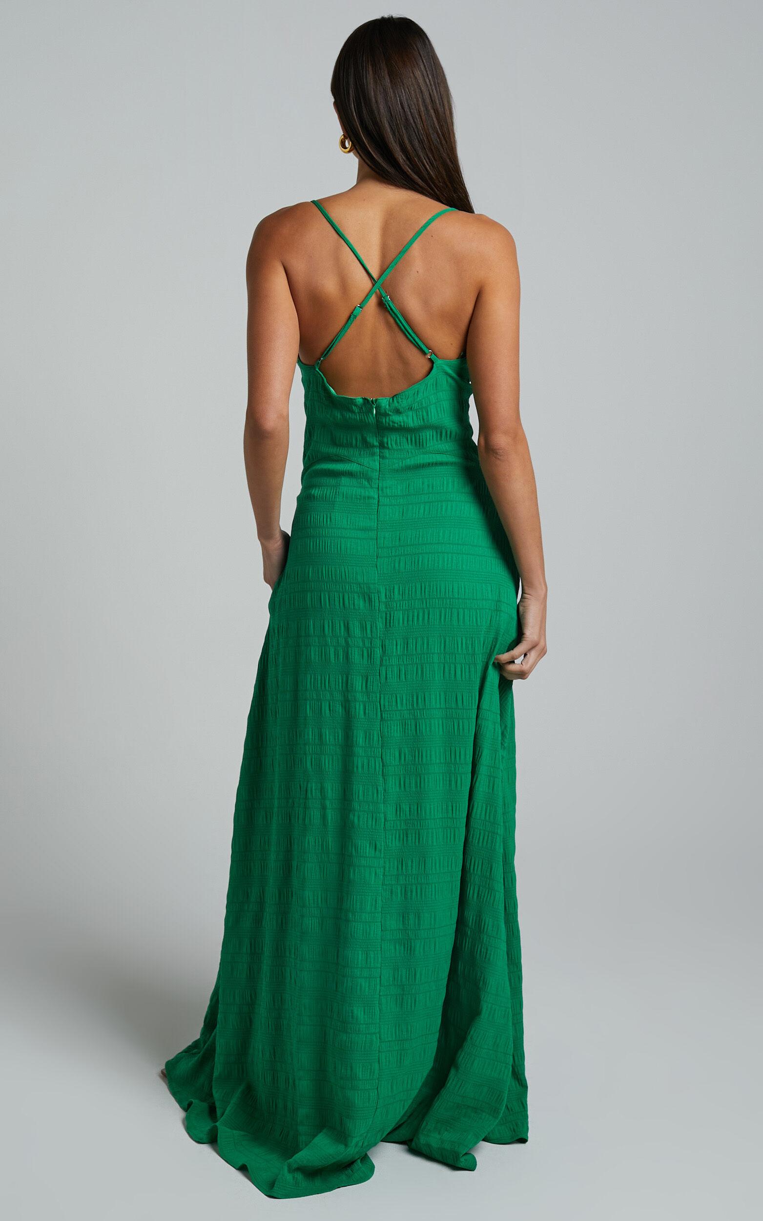 Marisse Maxi Dress - Cut Out Front Split Cross Back Textured Dress in Green Product Image