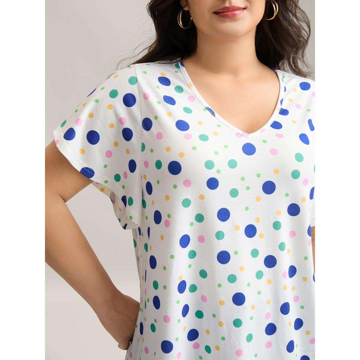 Plus Size Stretchy Playful Polka Dots Ruffled T-Shirt WhiteSmoke Women Contrast V-neck Everyday-Elegant T-shirts BloomChic 22-24/3X Product Image