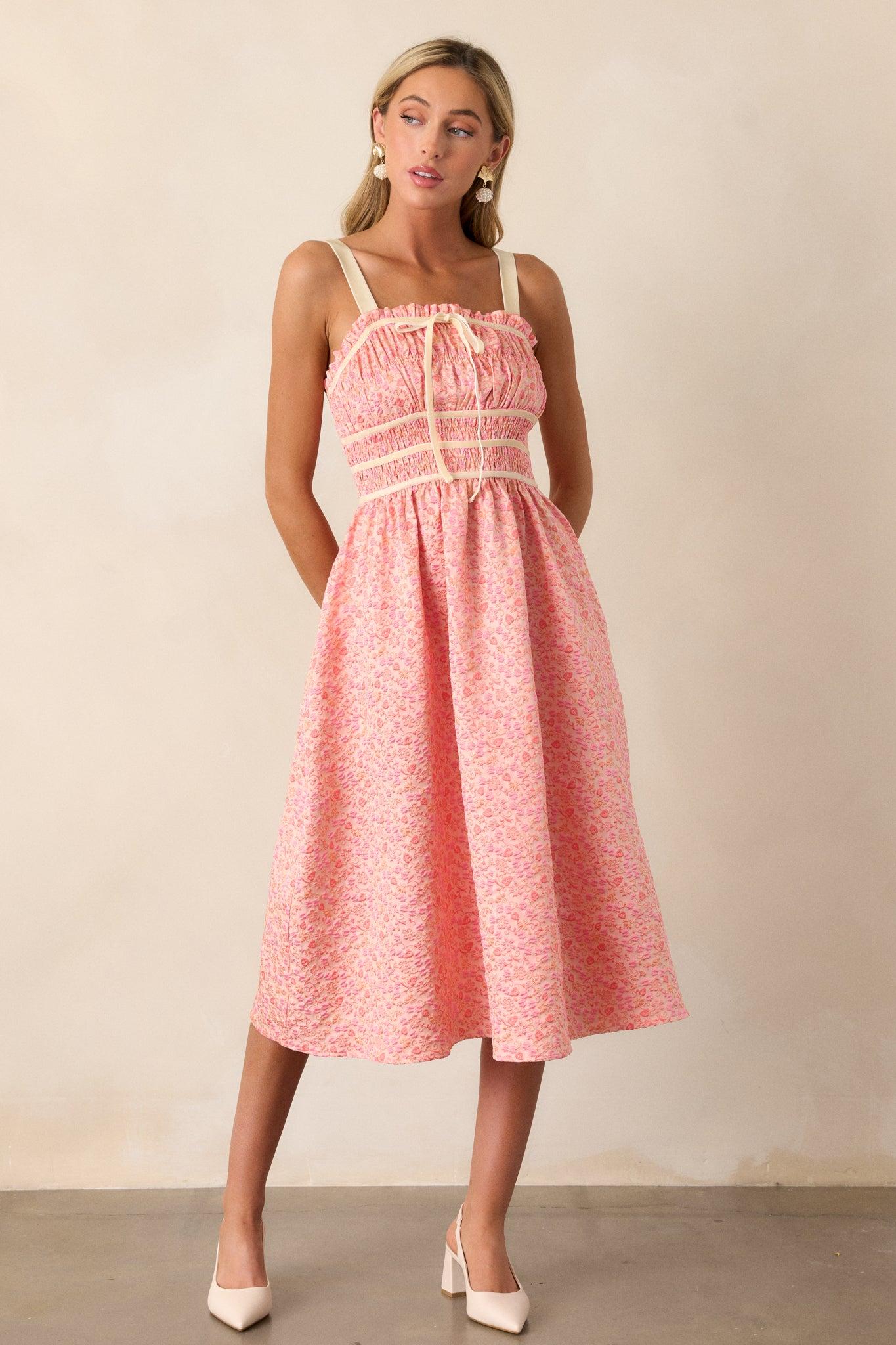 Petal Waltz Pink Coral Floral Jacquard Midi Dress Product Image