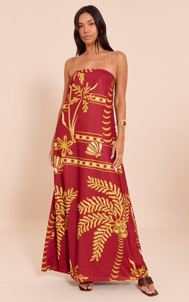 Deep Red Palm Print Woven Bandeau Maxi Dress Product Image