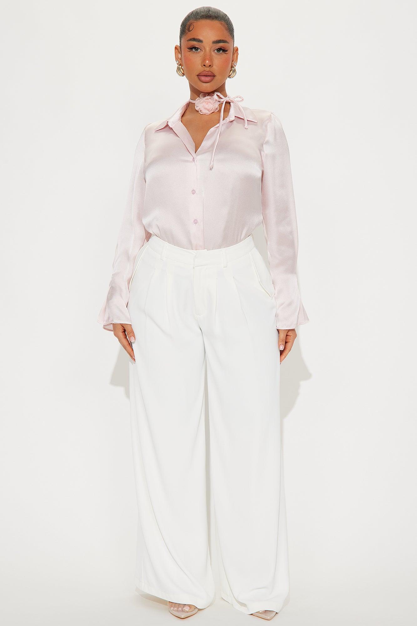 Rosi Rosette Neck Tie Satin Shirt - Blush Product Image