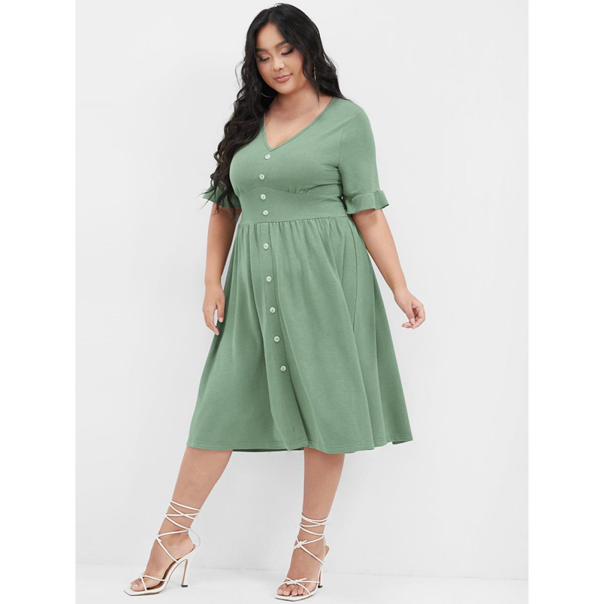 Plus Size Solid Shirred Ruffles Button V Neck Midi Dress LightGreen Women Elegant Gathered V-neck Short sleeve Curvy Midi Dress BloomChic 10/M Product Image