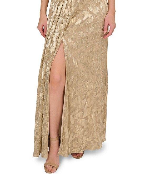 Adrianna Papell Foiled Leaf Print Surplice V-Neck Short Flutter Sleeve Gown Product Image