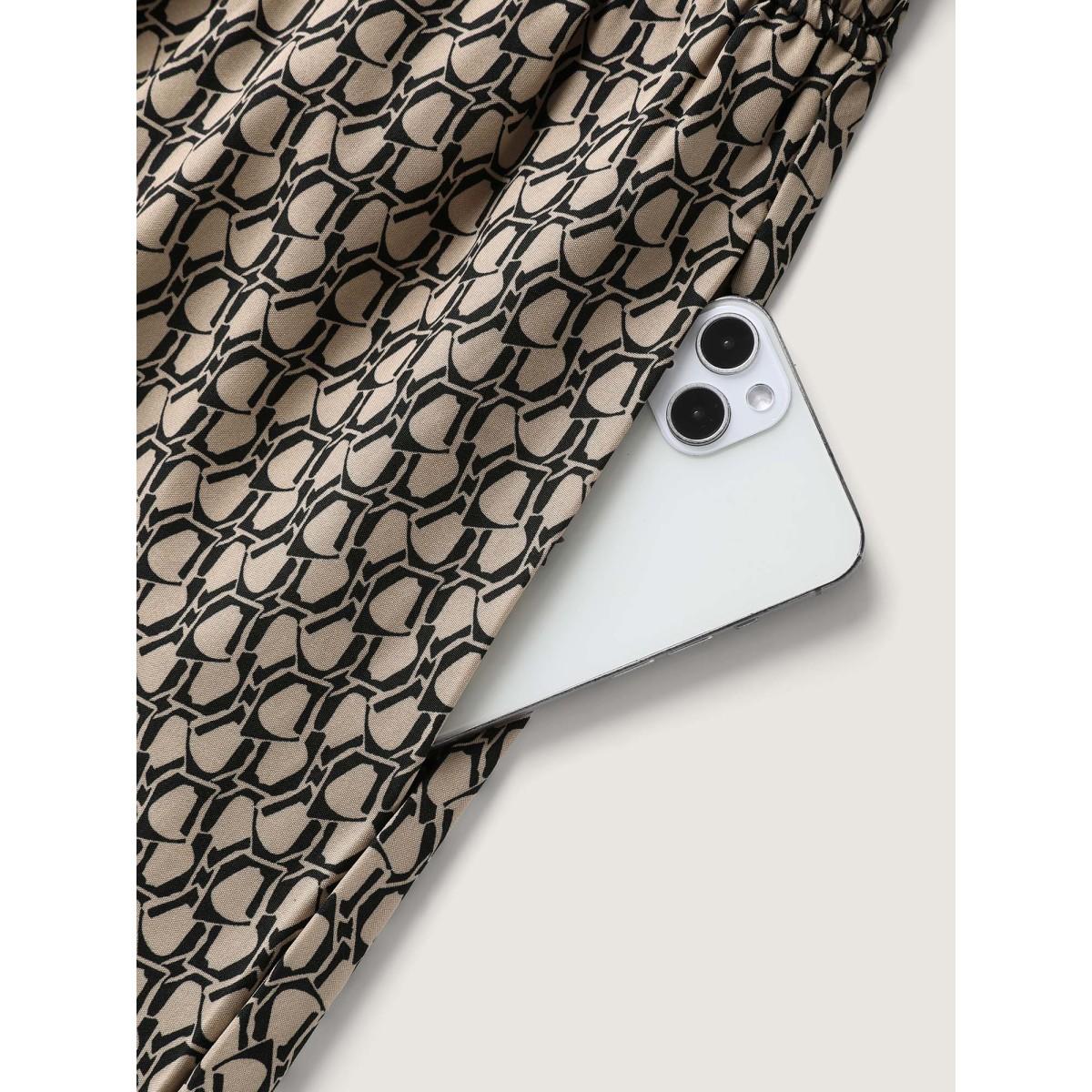 Plus Size Geometric Print Waist-Cinched Tiered Midi Dress Tan Women Office Elastic Waist Flat collar with V-notch Short sleeve Curvy BloomChic 26/4X Product Image