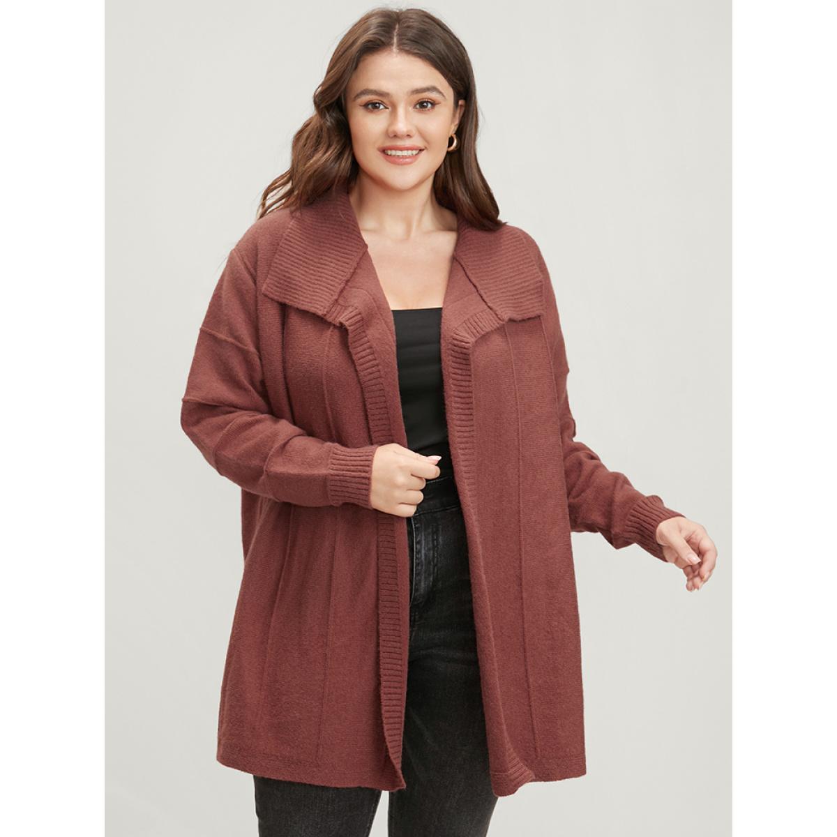 Plus Size Solid Soft Sexy Yarn Knit Lapel Collar Open Front Cardigan Maroon Women Casual Loose Long Sleeve Dailywear Cardigans BloomChic 14-16/1X Product Image