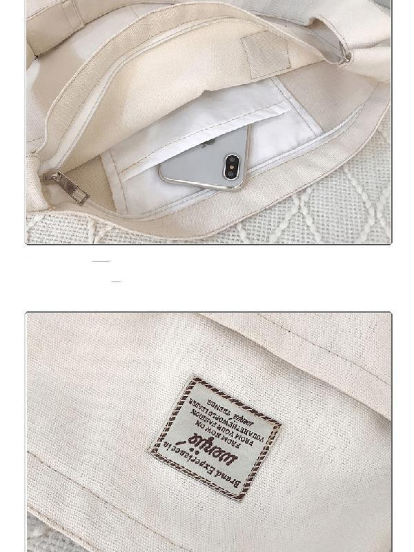Simple Solid Color With-pockets Canvas Handbag Product Image